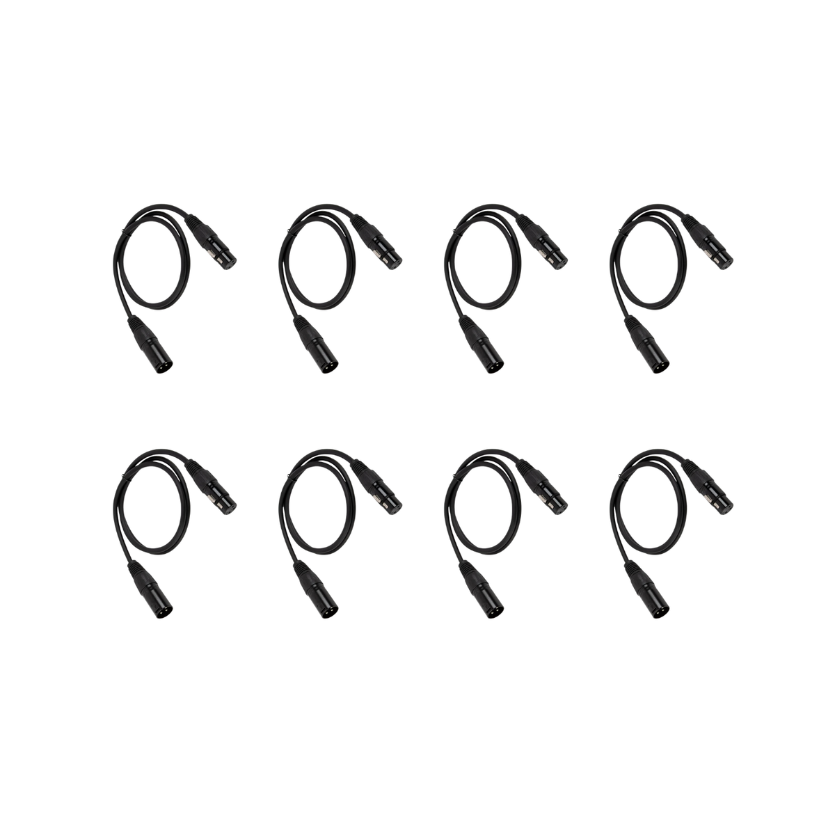 10ft 3-Pin PREMIUM DMX CABLES – eight coiled 3-pin XLR DMX cables on white background