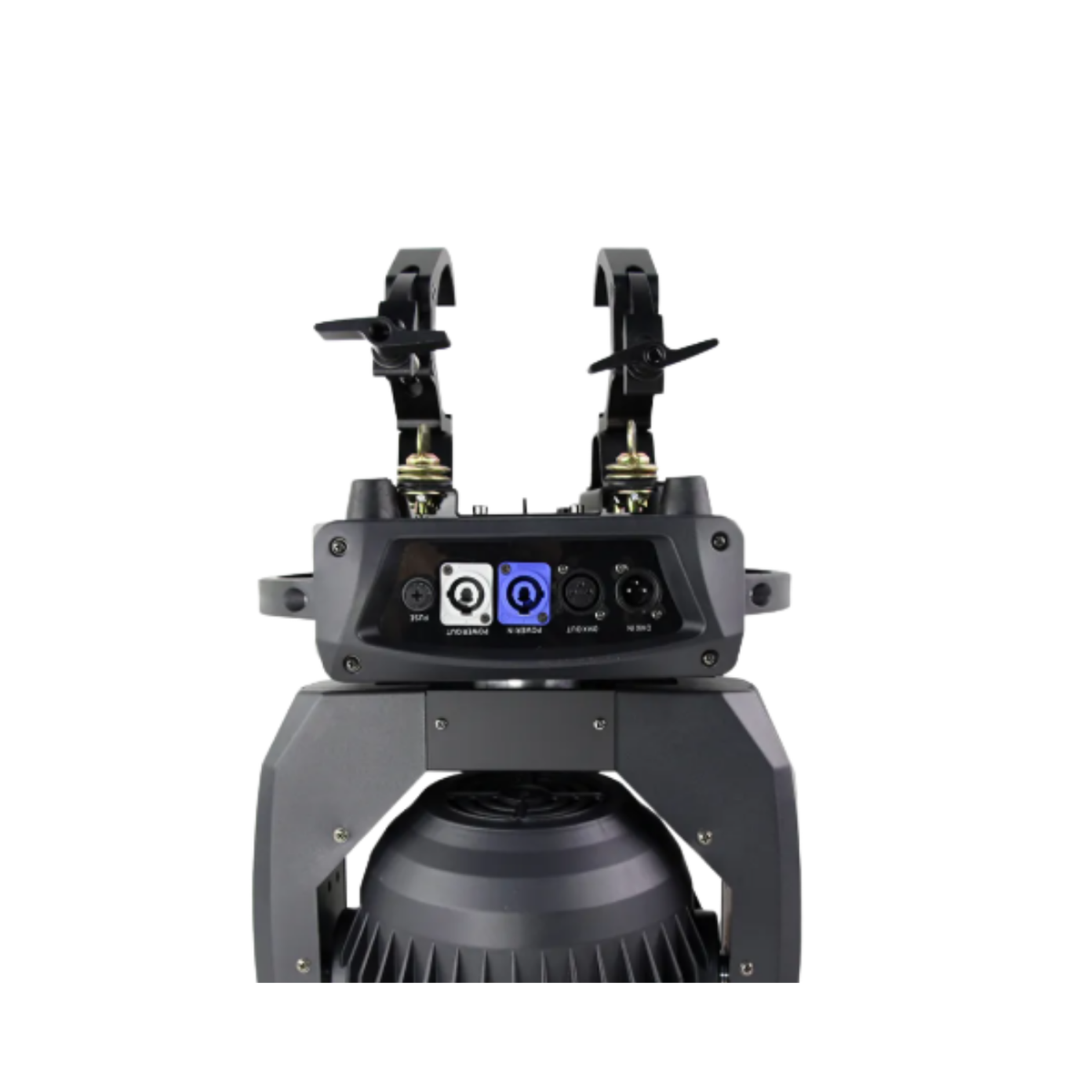 QUICK RIG CLAMP (4pcs) – clamps mounted on a moving head fixture, rear view showing power and DMX ports