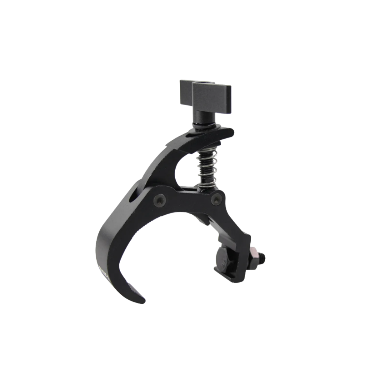 QUICK RIG CLAMP (4pcs) – single black metal truss clamp with hook and wing nut, side view