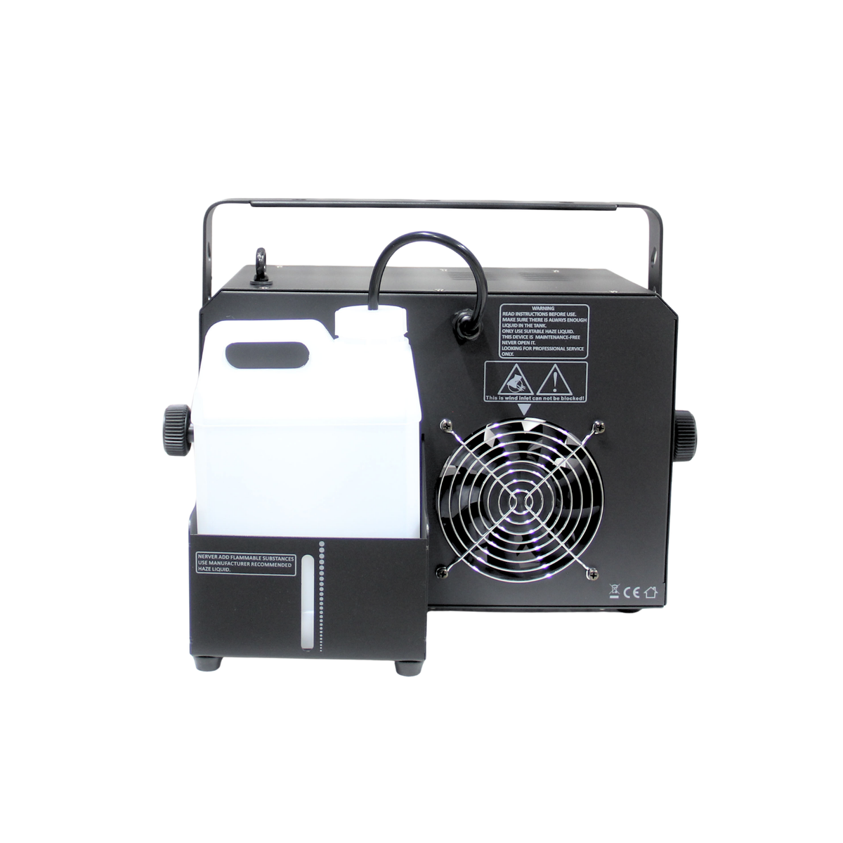 LUNAR HAZE 1500W – rear view of the haze machine showing cooling fan and fluid tank