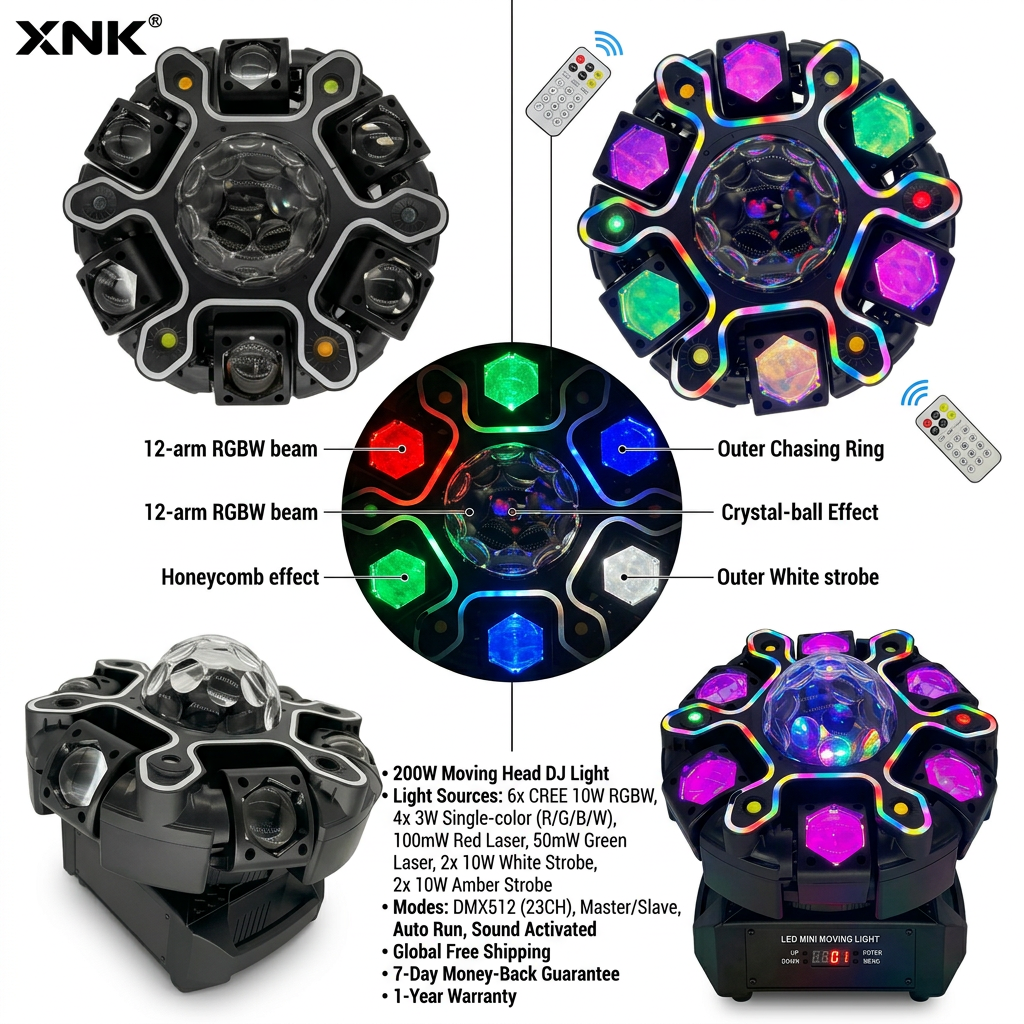 XNK-SPL-684 twelve-arm LED strip DJ light side detail view