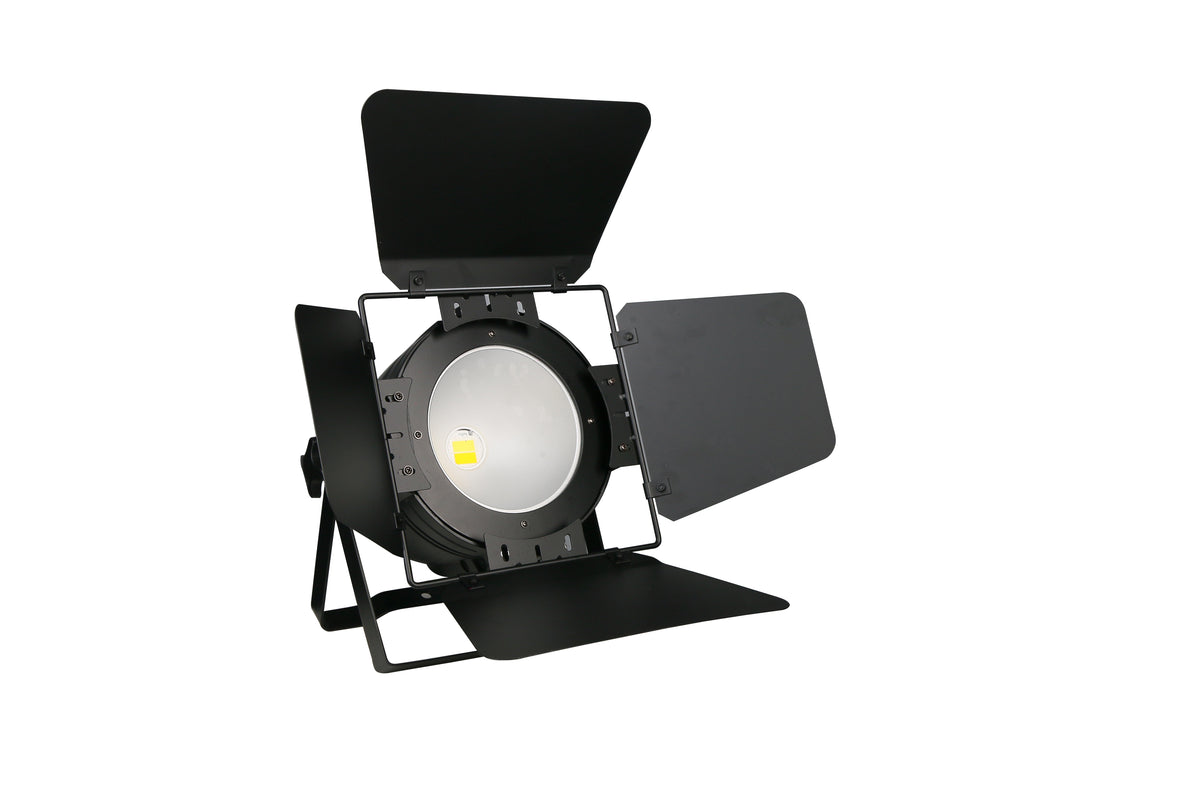 HOWL 200D – 200W COB LED par light with barn doors, front view on white background