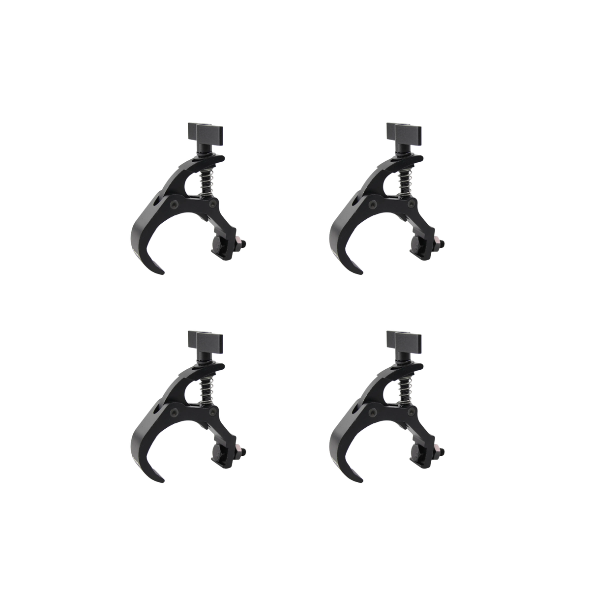 QUICK RIG CLAMP (4pcs) – four black metal stage light truss clamps, front view on white background