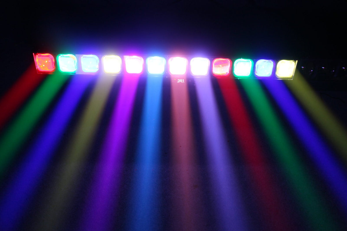 VIVID TREAD 1260YZ – 12x60W RGBW tilting pixel bar, front three-quarter view with lenses lit