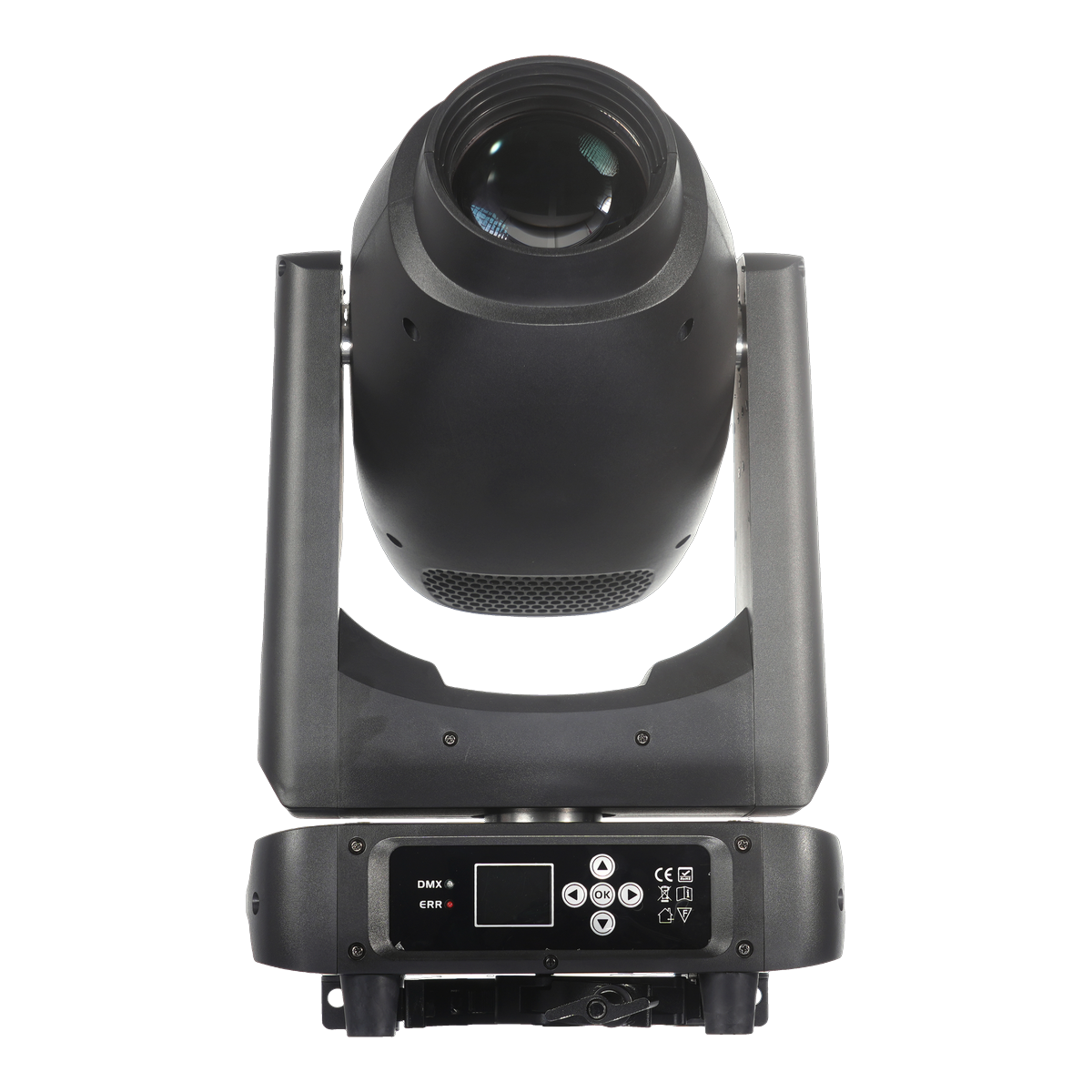 VERSATILIS 300BSW 300W LED hybrid moving head — front view showing the lens, yoke, and base with control display