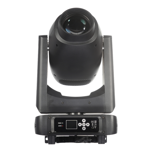 VERSATILIS 300BSW 300W LED hybrid moving head — front view showing the lens, yoke, and base with control display